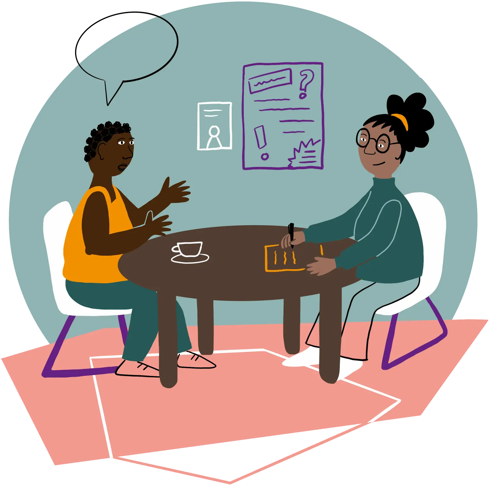 The illustration shows two people from different ethnic backgrounds behind different colorful and geometric shapes. One person is describing an event and the other person is taking notes. A counseling scenario is depicted.