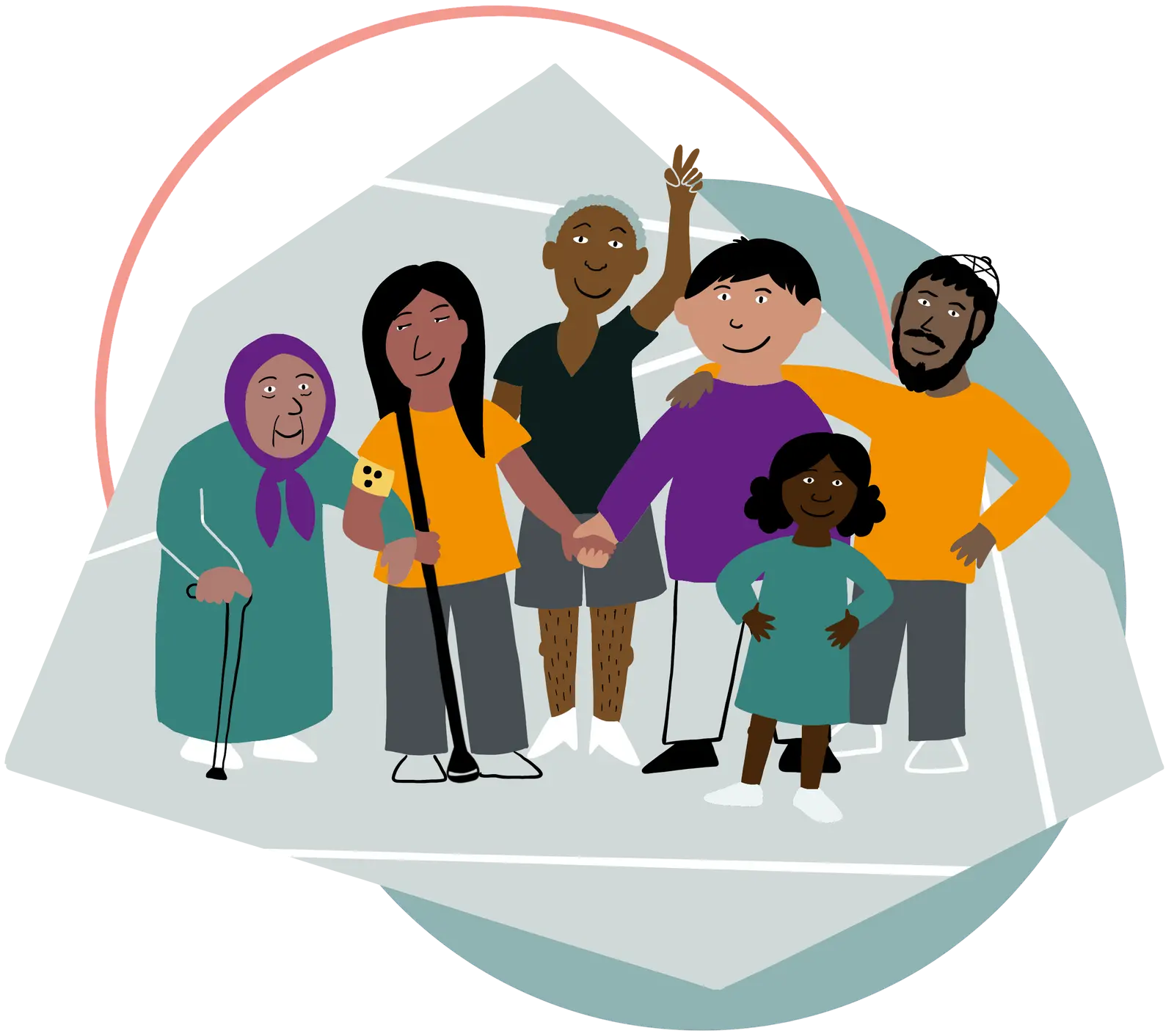 The illustration depicts a group of people from different ethnic backgrounds in front of various colorful and geometric shapes, sticking together and looking very open and friendly.