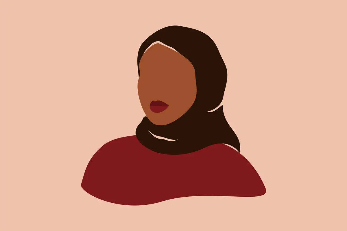 Silhouette einer muslimischen Frau mit schwarzer Kopfbedeckung. Abstrakt Selbstbewusste arabische Frau im Hijab mit dunkelbrauner Haut Porträt. Vektor-Illustration für den Internationalen Frauentag und den Muttertag. Jedes Jahr am 01. Juli findet der bundesweite Tag gegen antimuslimischen Rassismus statt. Antimuslimischer Rassismus ist eine Form des Rassismus, die sich gegen Muslime und Menschen, die als Muslime wahrgenommen werden, richtet.  Angeregt wurde der Tag durch den Fall von Marwa El-Sherbini, die am 1. Juli 2009 vor dem Landgericht Dresden ermordet wurde. 