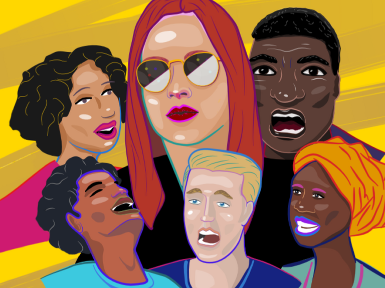 Titelbild zum Hip Hop Empowerment Workshop. Es sind verschiedene illustrierte Menschen unterschiedlicher ethnischer Herkunft abgebildet.