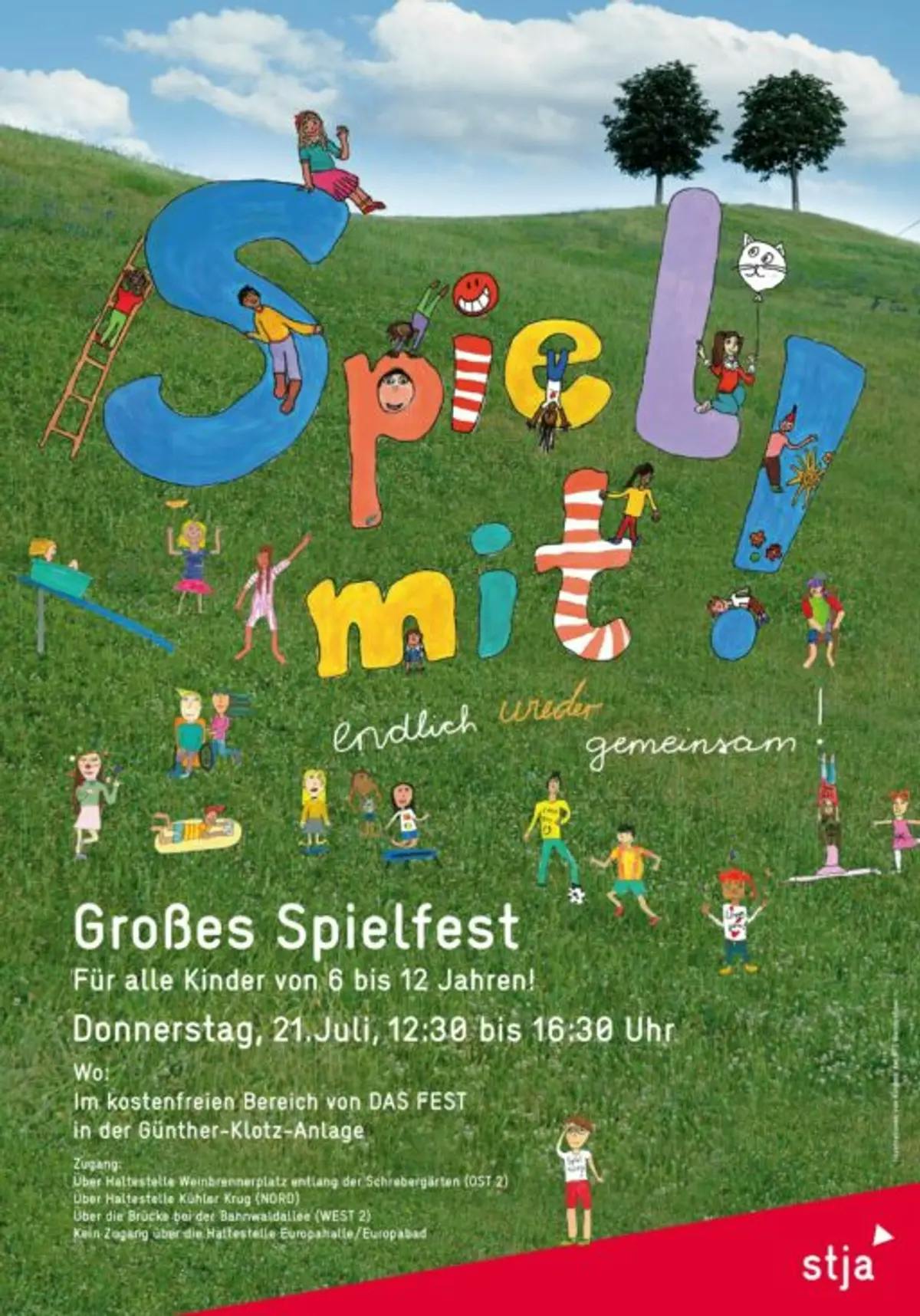 Illustriertes Plakat der „Spiel mit! “-Aktion des Stadtjugendausschuss e.V. Karlsruhe