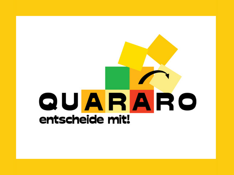 Logo von Quararo. Es beinhaltet den Schriftzuf "Quararo entscheide mit" mit weißen Hintergrund. Die Buchstaben "A", "R" und "A" in der Mitte befinden sich in bunten Quadraten." Über den Buchstaben befinden sich weiter leere Quadrate. Das ganze Bild ist von einer gelben, dicken Linie umrandet. 